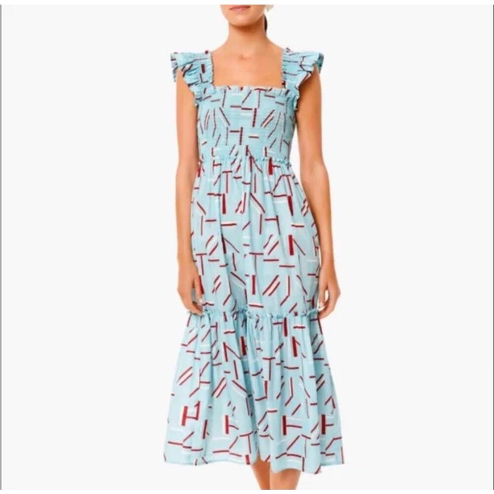 Tuckernuck Blue Red White Rory Smocked Flutter‎ Sleeve Midi Dress Size Medium